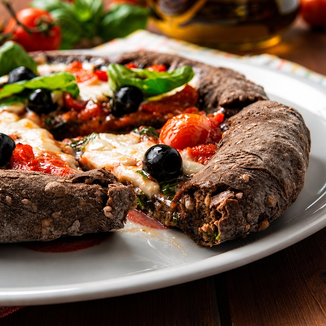 Fetta di pizza con crosta scura, salsa di pomodoro, formaggio fuso, basilico e olive nere su un piatto bianco.