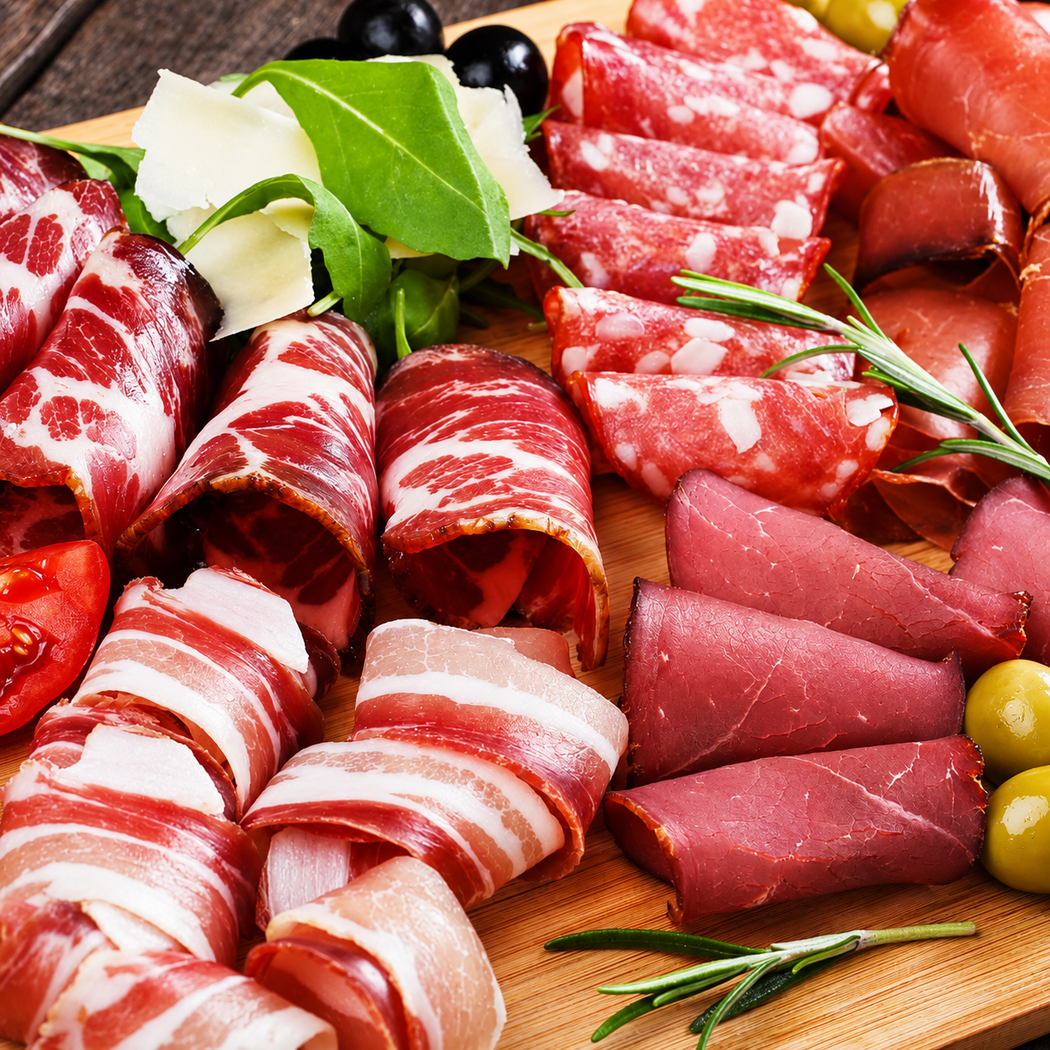 Affettati assortiti di salumi e affettati con erbe aromatiche e limone su un tagliere di legno.