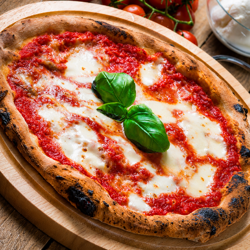 Pizza margherita cotta nel forno a legna con mozzarella fusa, salsa di pomodoro e basilico su un tagliere di legno.