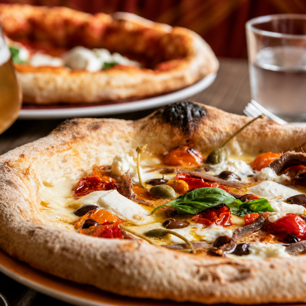 Primo piano di una pizza cotta nel forno a legna con formaggio fuso e basilico su un tavolo di legno, con una bevanda sullo sfondo.