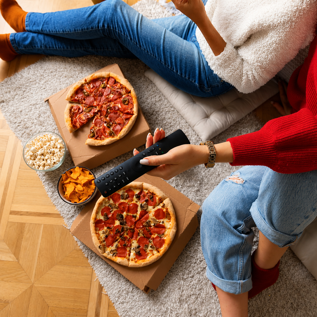 Due persone condividono pizza e snack sul pavimento del soggiorno, una delle quali taglia una pizza con un coltello.