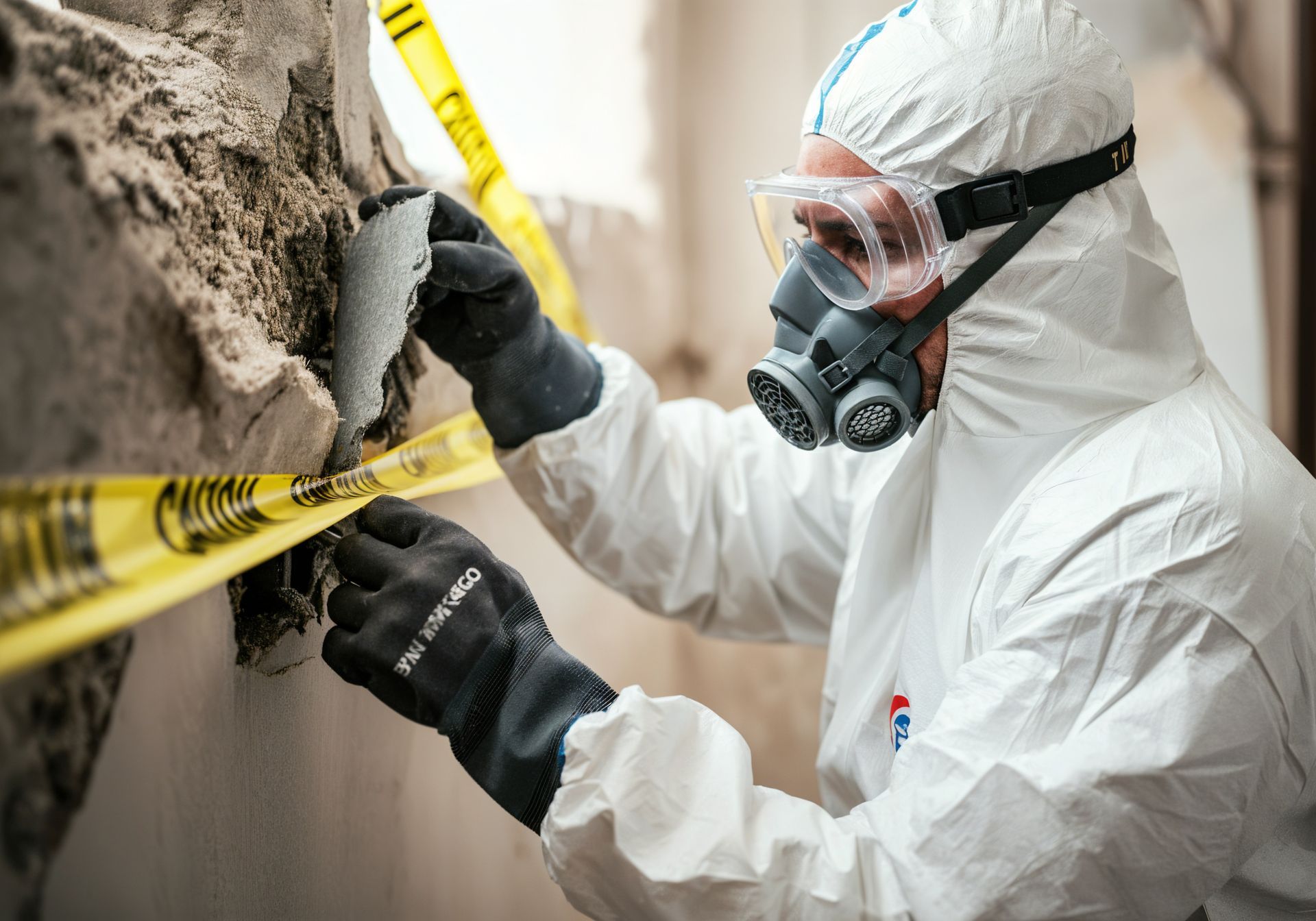 A man in a protective suit and mask is measuring a wall.