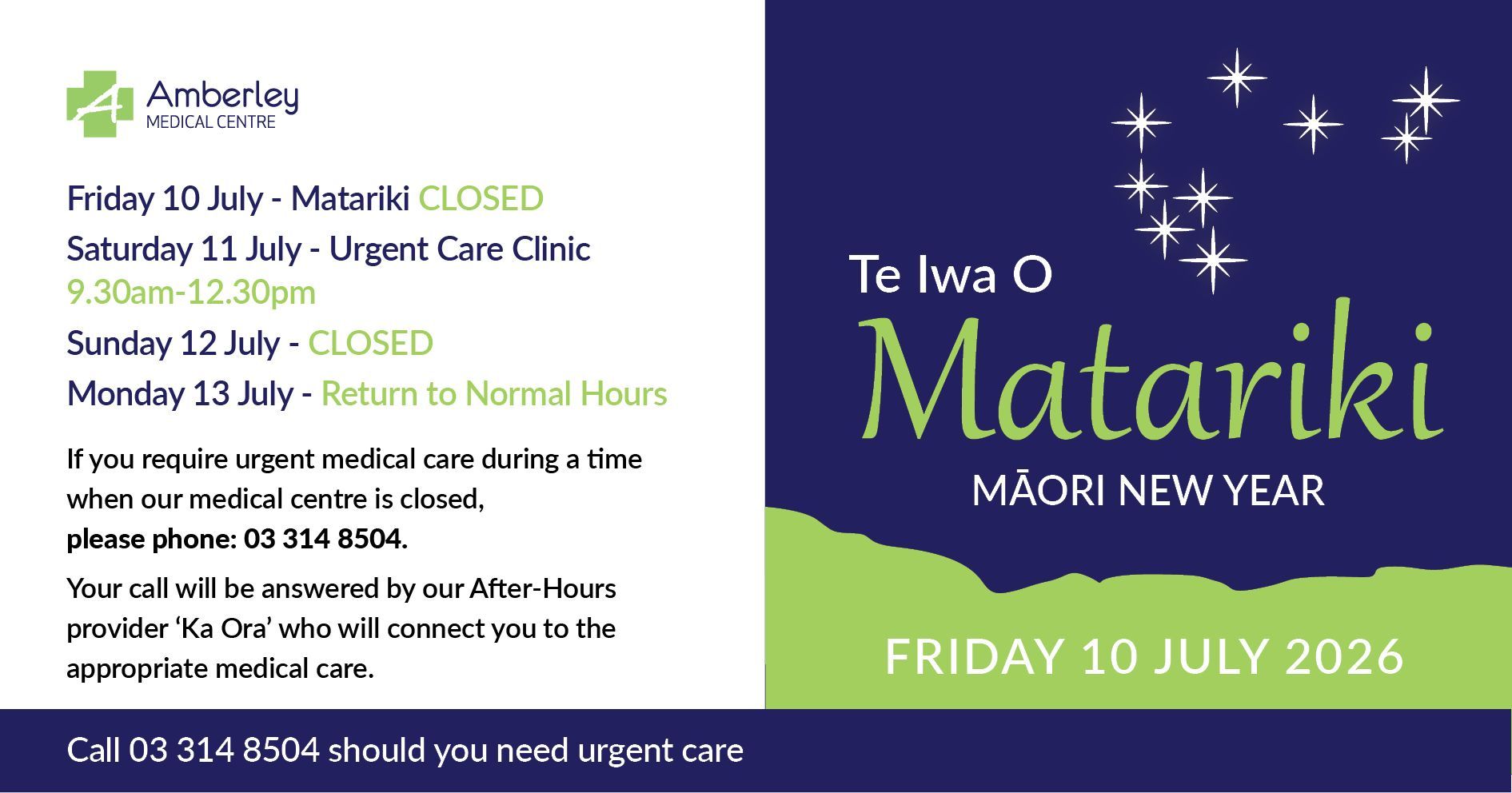 Matariki Urgent Care Hours