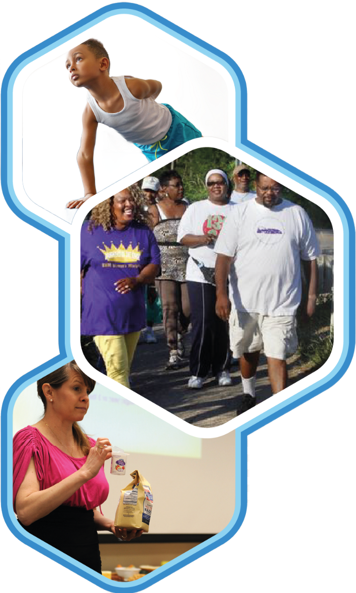 Three hexagon photos of people exercising, walking outdoors, and speaking at an indoor podium