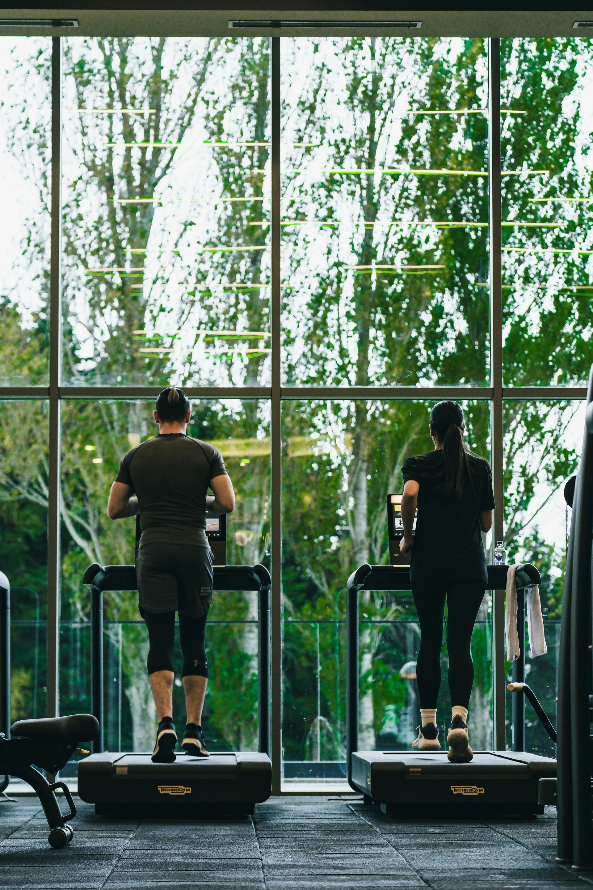 Two people exercising on treadmills in a gym with large windows and green trees outside