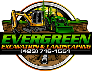 Logo for Evergreen Excavation & Landscaping, featuring construction equipment and phone number.