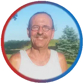A man wearing glasses and a white tank top is in a red and blue circle A man wearing glasses and a white tank top is in a red and blue circle