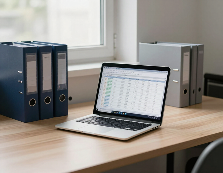 Laptop displaying spreadsheet on a wooden desk beside blue and gray binders by a window