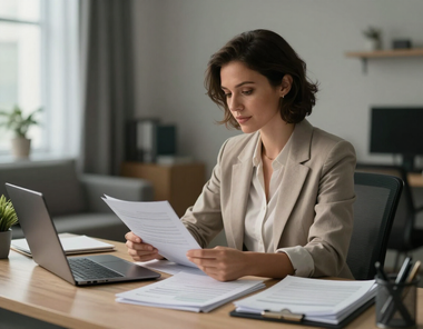 Woman reviewing documents at a desk with a laptop in a modern office