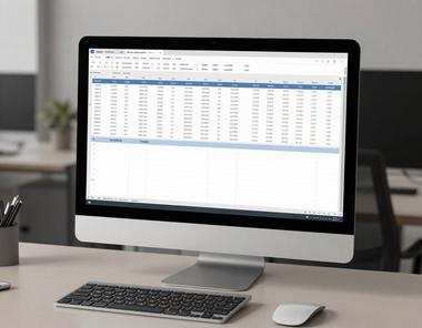 Desktop computer on office desk displaying a spreadsheet in a modern workspace