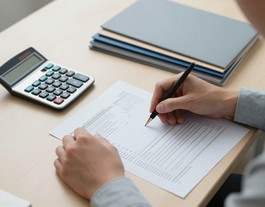 Hands writing on a form at a desk with a calculator and stacked folders nearby.