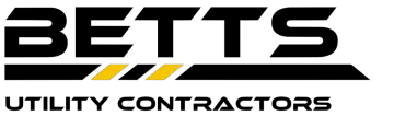 Logo for "Betts Utility Contractors" featuring bold black text with a yellow-accented horizontal line underneath.