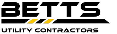 Logo for "Betts Utility Contractors" featuring bold black text with a yellow-accented horizontal line underneath.