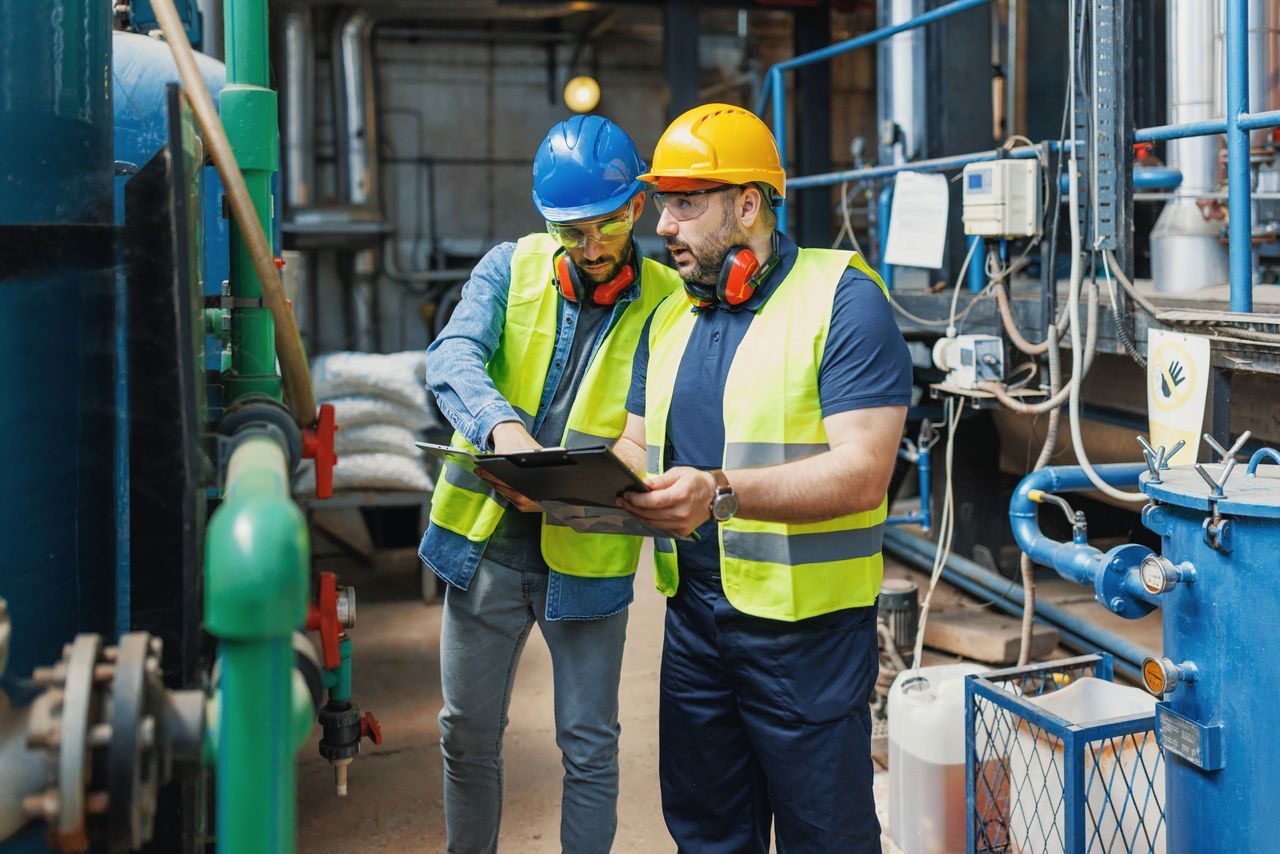 two men wearing hard hats in a manufacturing plant monitoring stock