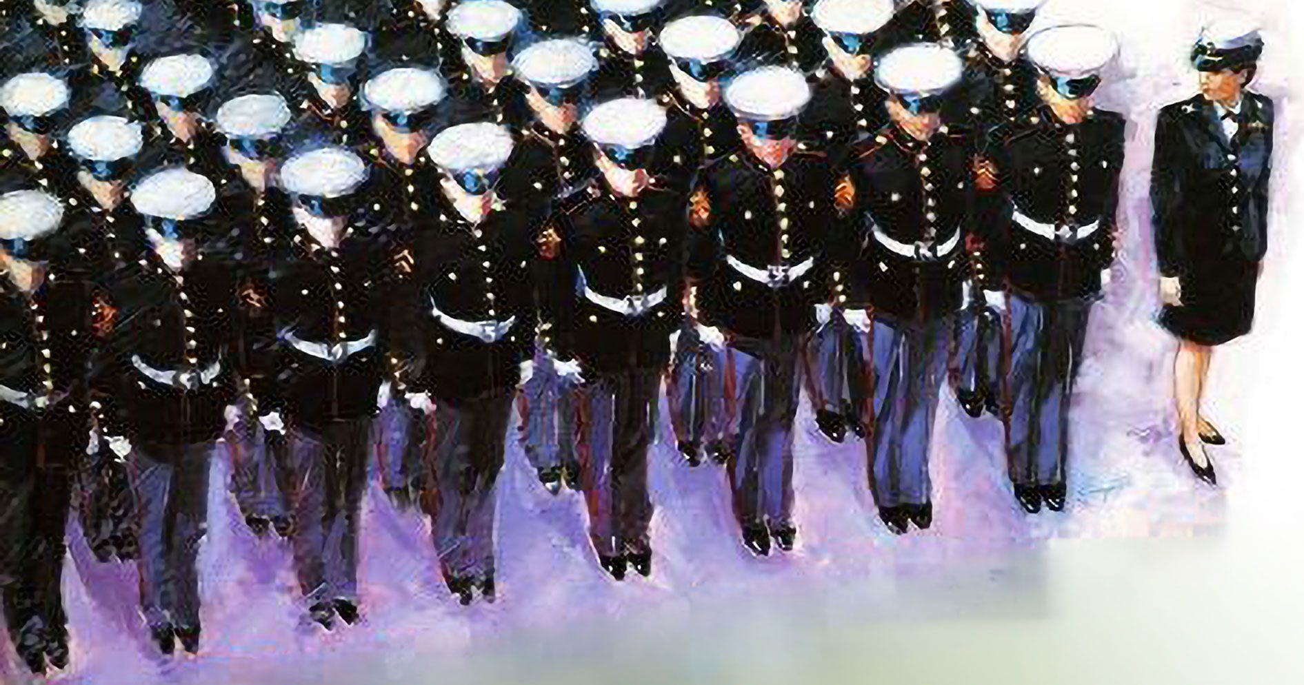 Uniformed sailors marching in formation on a parade ground