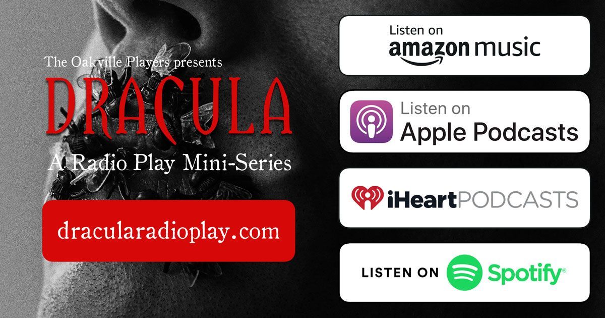Promotional image for Dracula radio play mini-series. Features a close-up of a mouth and four podcast streaming platform logos.