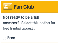 Fan Club membership option. Yellow background with text: 
