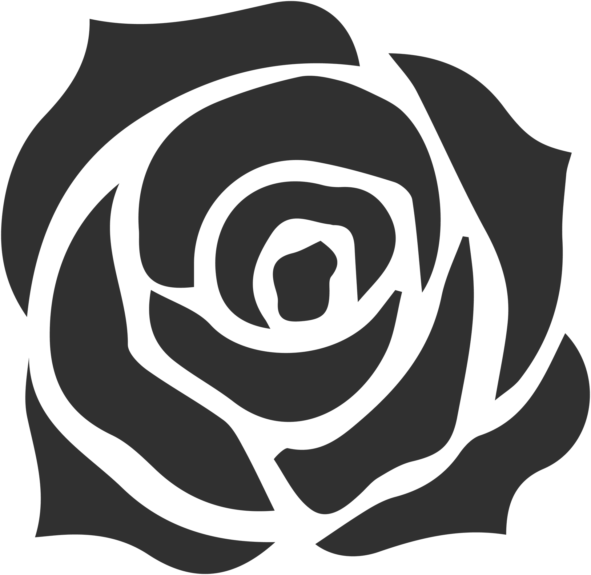 A black and white silhouette of a rose on a white background
