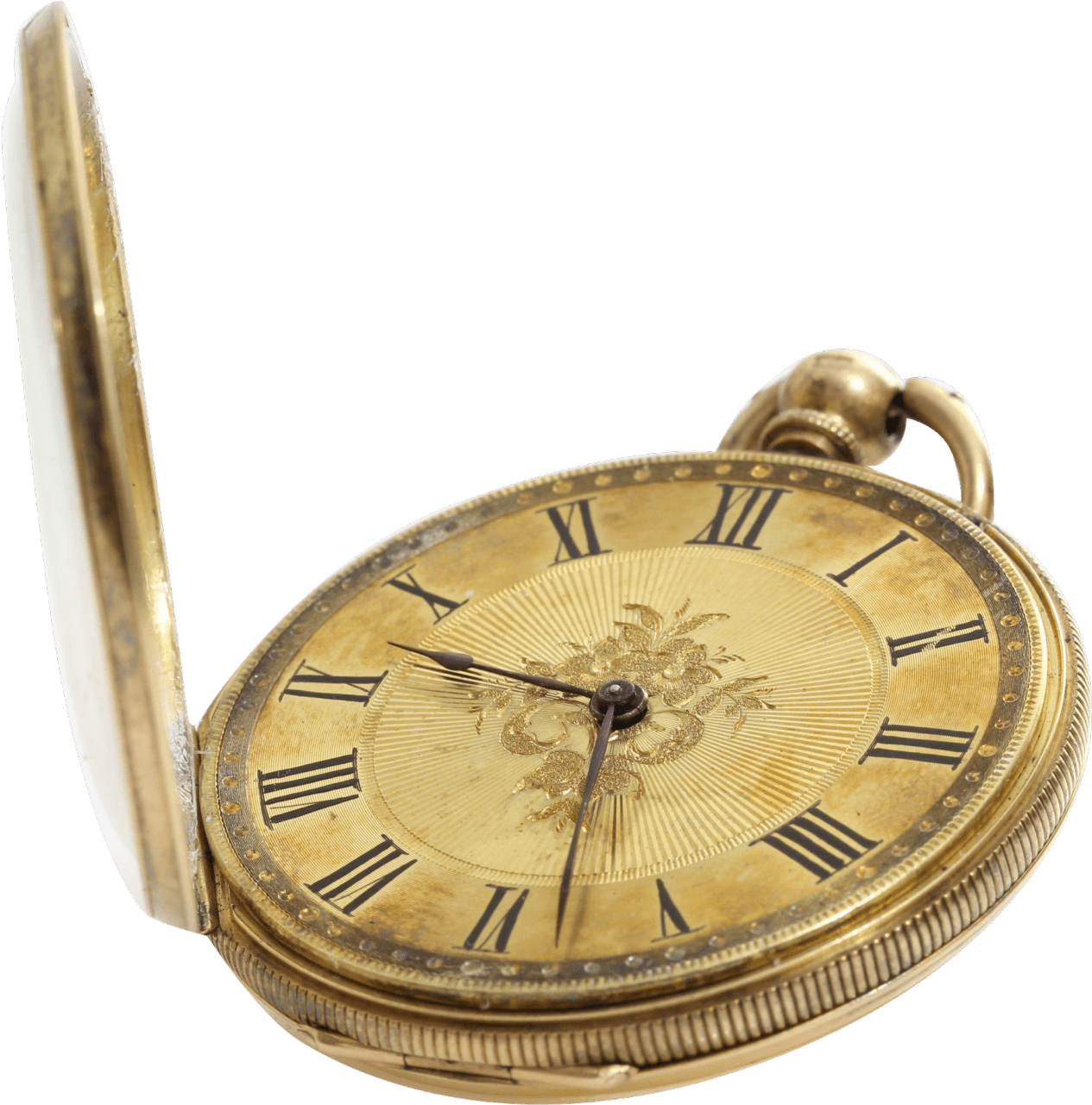 A gold pocket watch with roman numerals on the face