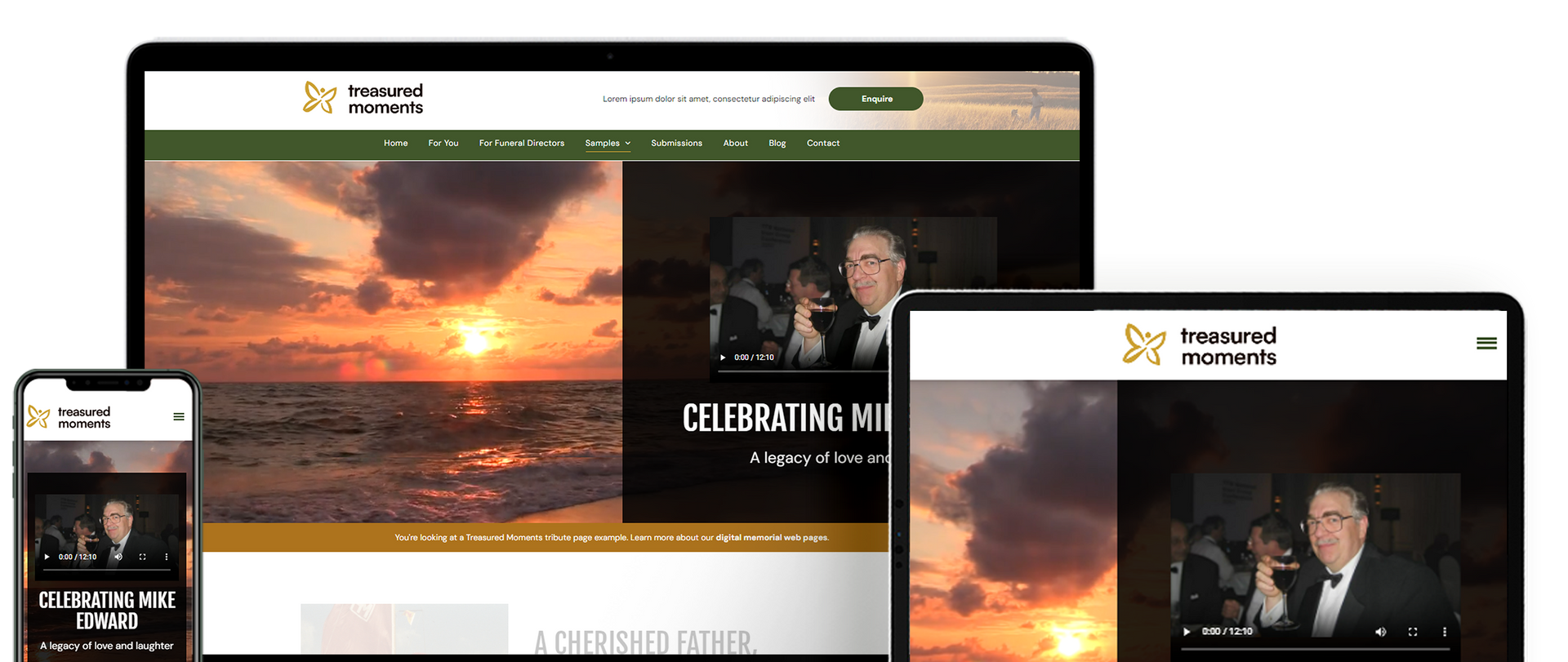 A laptop , tablet , and phone are displaying a website.