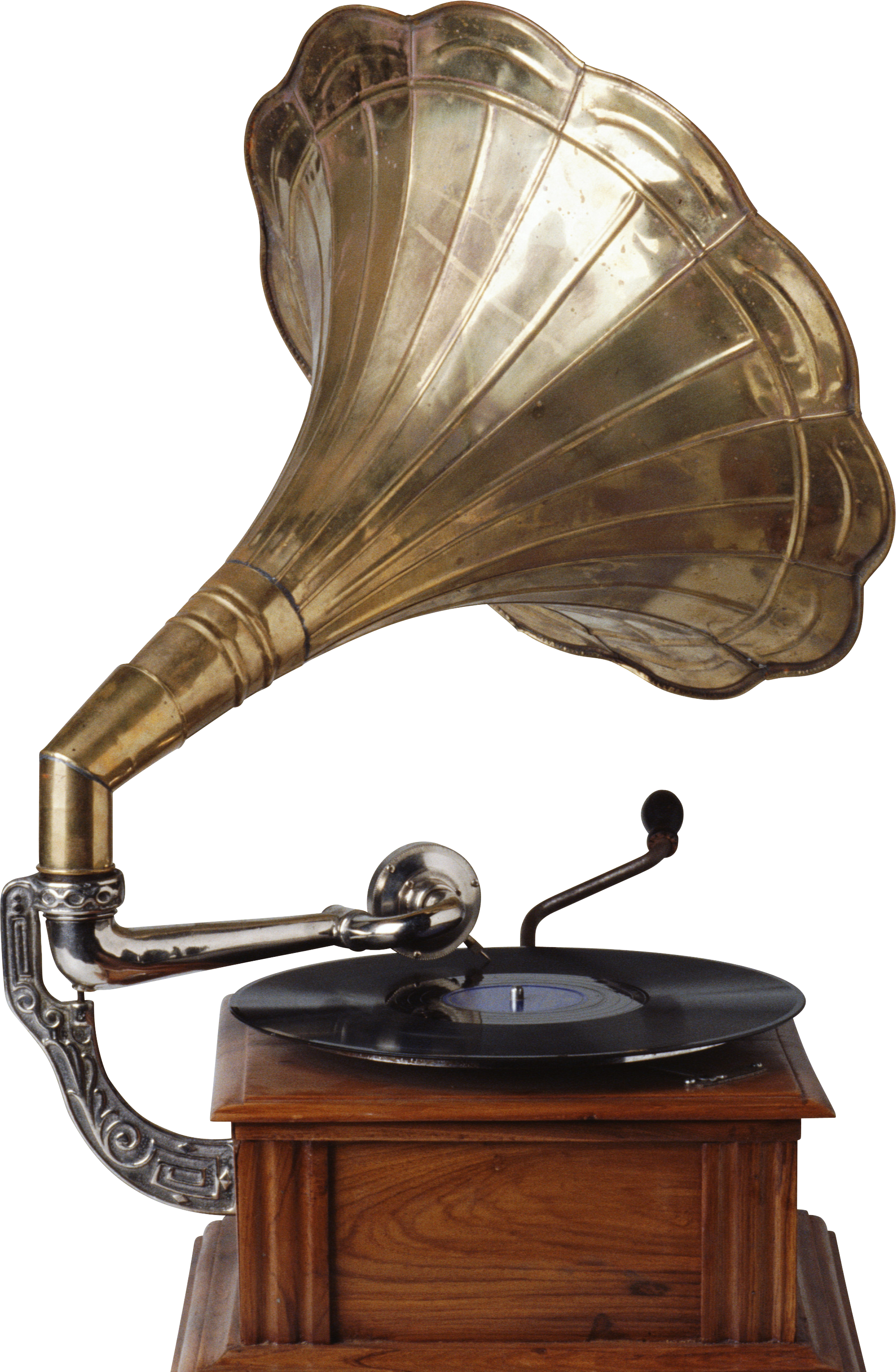 An old phonograph is playing a record on a wooden base.