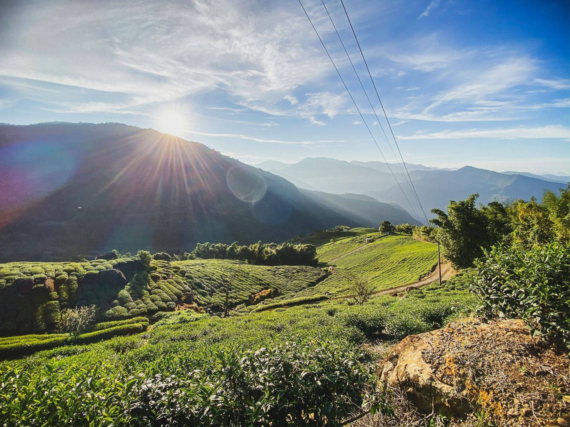 Sunlit terraced green hills with distant mountains under a bright blue sky Sunlit terraced green hills with distant mountains under a bright blue sky