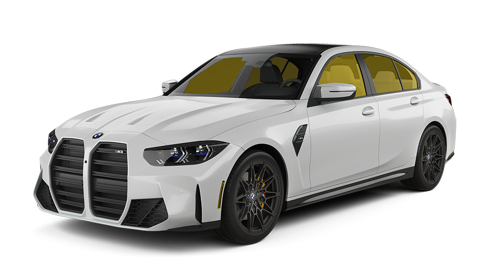 White luxury sedan with gold-tinted windows and black trim on a white background