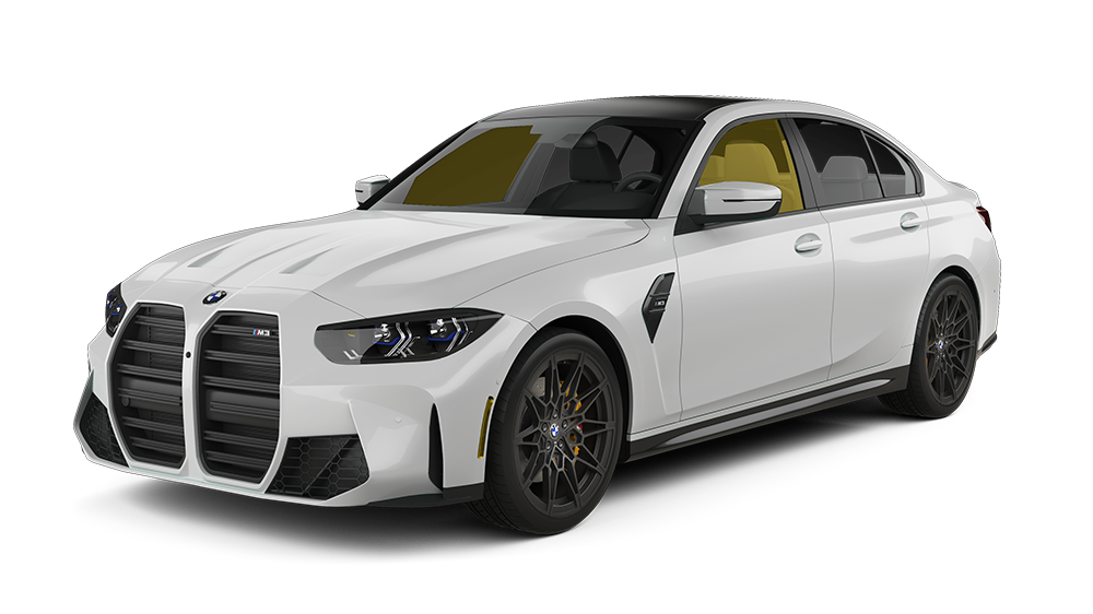 White BMW sedan with black accents, shown in a front three-quarter view on a white background