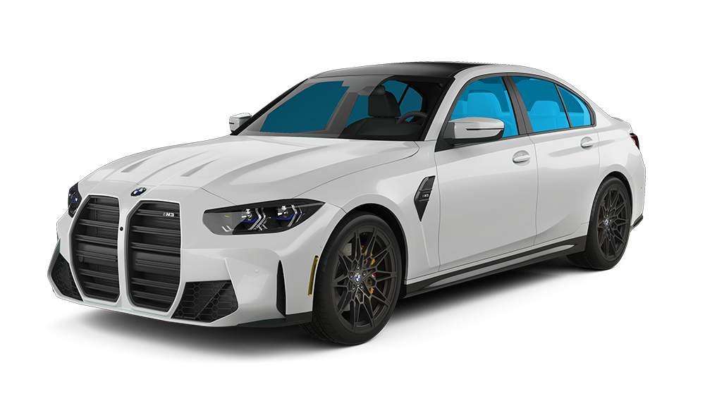 White sports sedan with blue-tinted windows on a white background