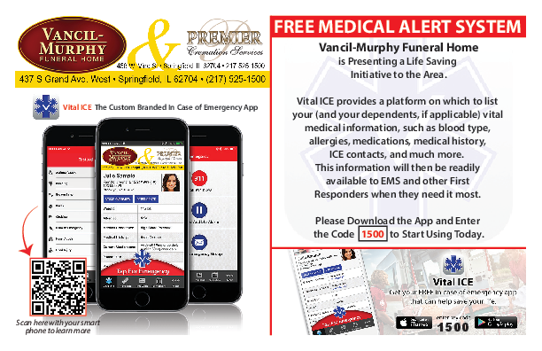 Promotional flyer for a medical alert system and app, with red-and-white text and smartphone images