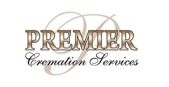 Premier Cremation Services logo with ornate beige and brown lettering on a white background