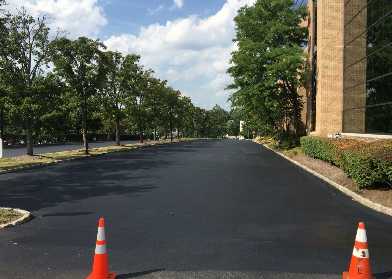 Freshly paved asphalt driveway lined with trees on the left and a brick building on the right, blocked by two orange cones.