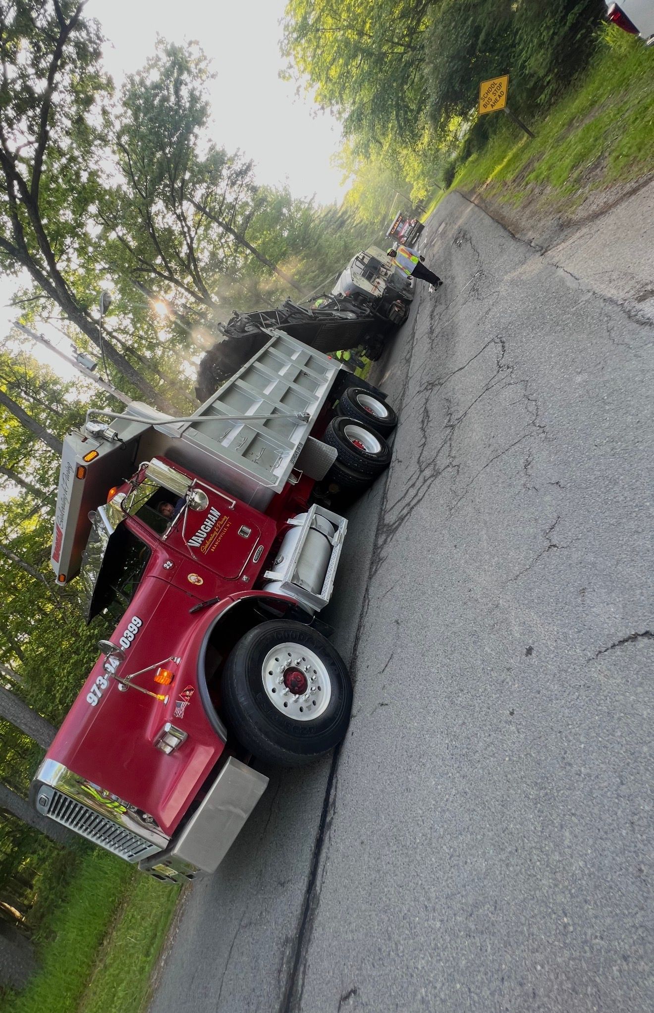 A red dump truck parked on the side of a rural road, partially obscured by trees.
