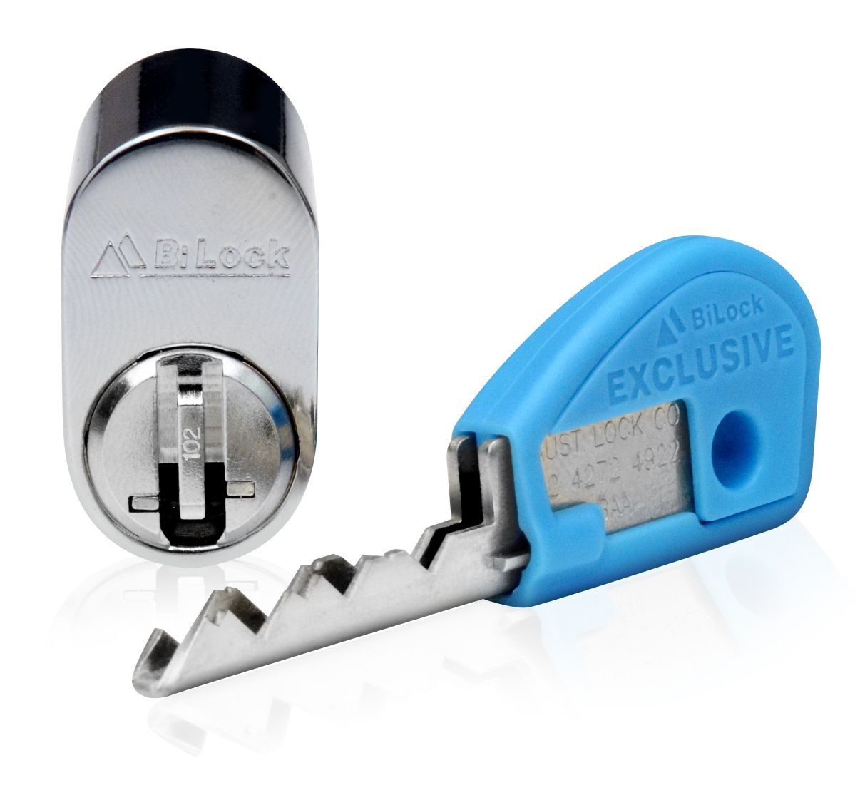 Close-up of a shiny silver door lock and a blue key with teeth, branded 