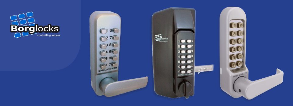 Borglocks digital door locks in silver, black, and white on blue background — East Coast Locksmiths in Port Macquarie, NSW