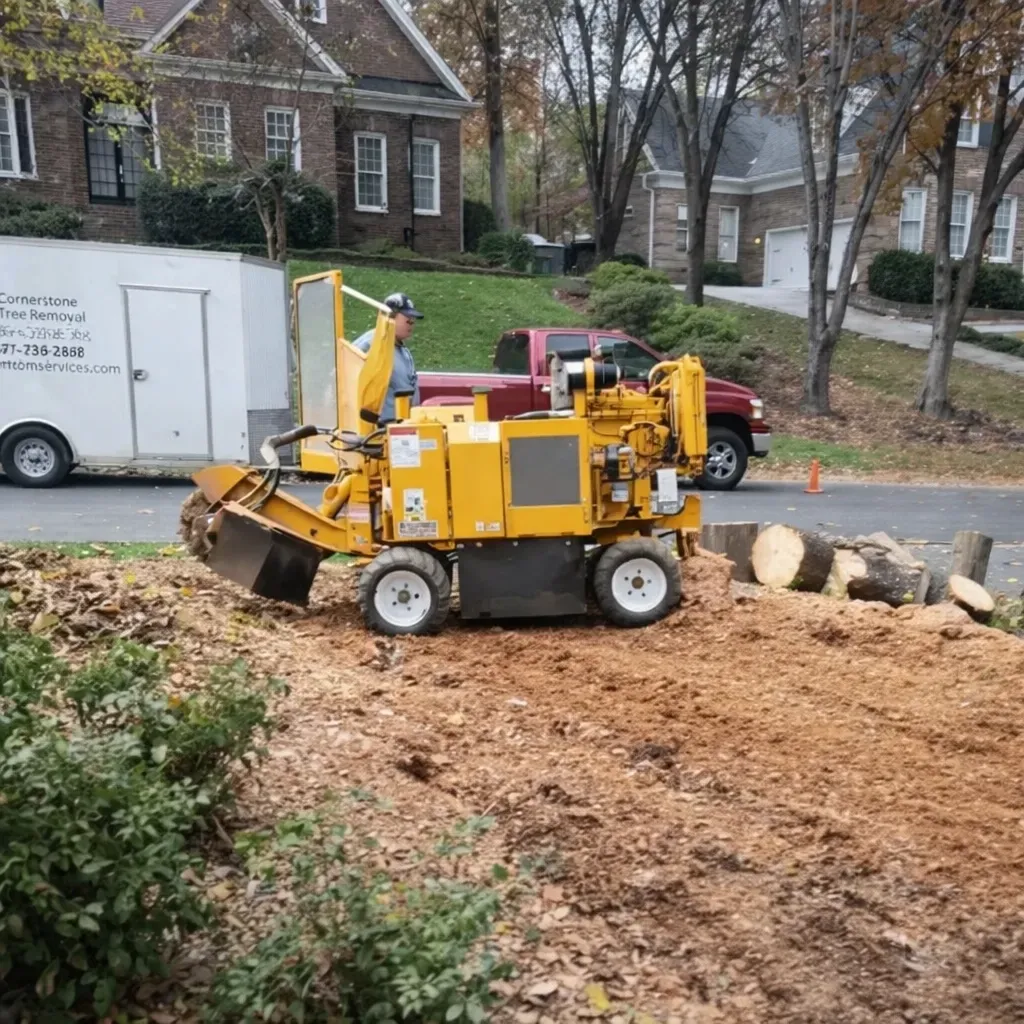 Yellow wood chipper working on a leaf-covered yard beside a street, with houses in the background.