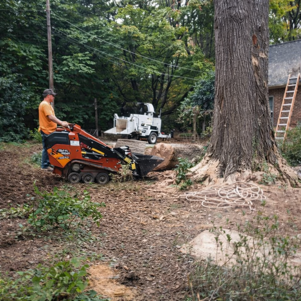 Worker on orange skid steer clearing roots beside a large tree in a wooded yard