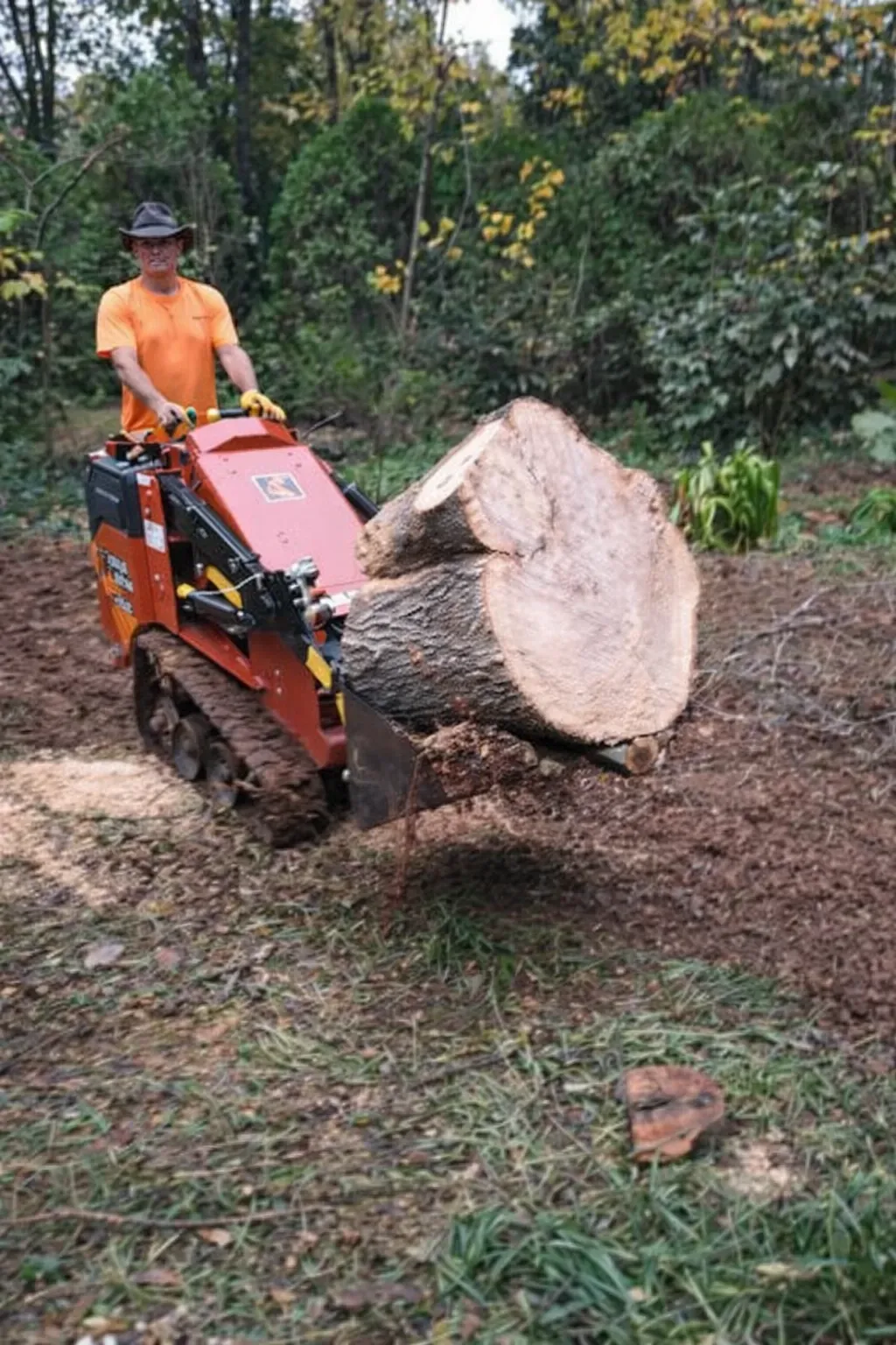 Person in orange shirt operates a compact loader carrying a large cut tree trunk in a wooded area.