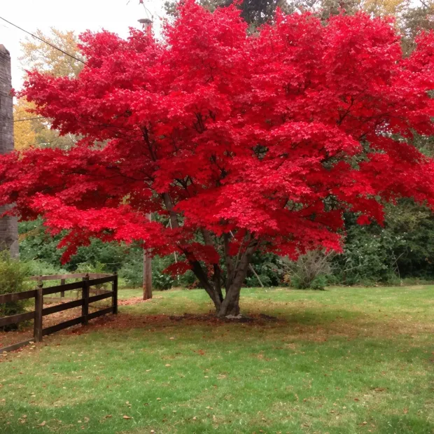 Bright red maple tree in a grassy yard beside a wooden fence