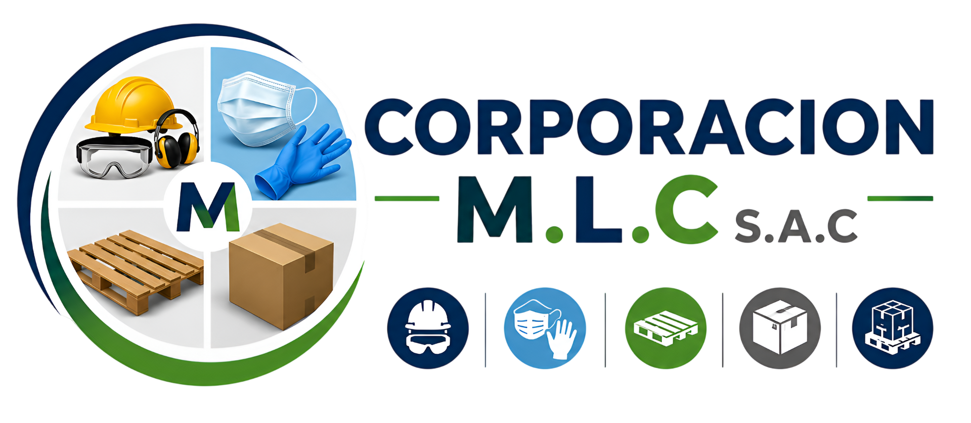 Logotipo de Corporación MLCSAC con iconos de construcción, industria y cajas en azul, verde y naranja.