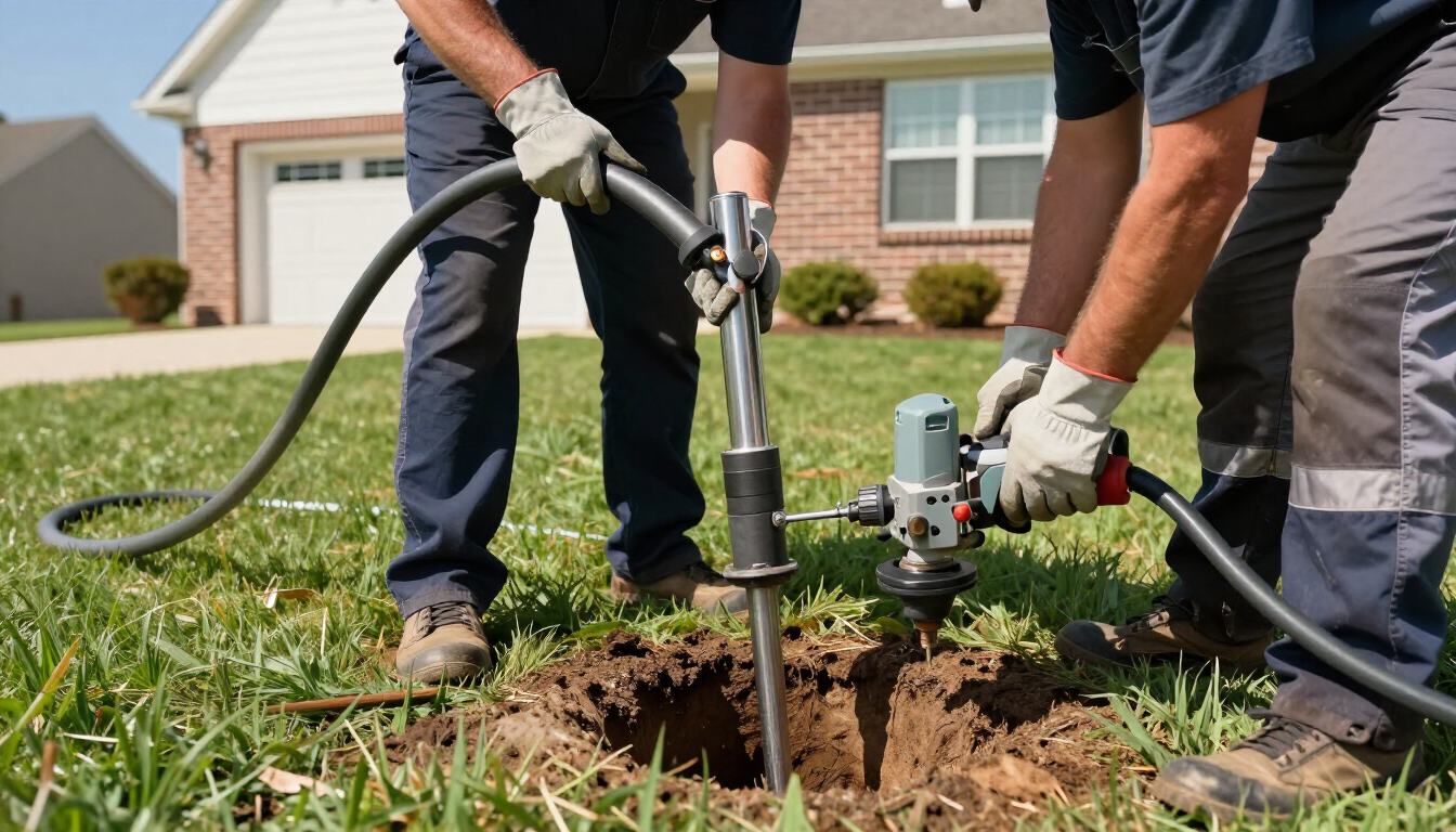 Workers drilling a hole in a grassy yard with a power auger beside a house