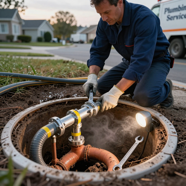 Plumber repairing underground pipes in an open manhole at dusk, with tools and water spray visible
