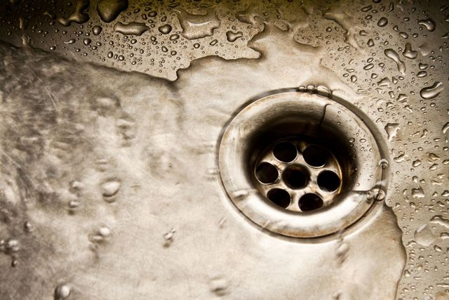 Dirty metal sink drain with standing water and grime stains