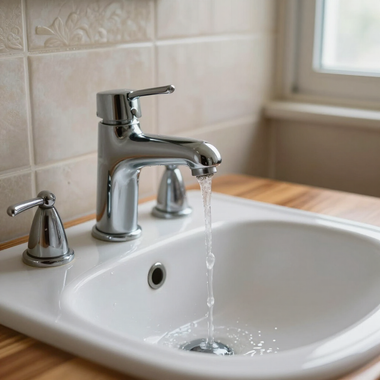 Bathroom sink with chrome faucet running water into a white basin beside a window