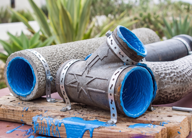 Blue-capped PVC pipes and fittings stacked on a work surface outdoors