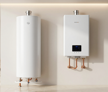 Two white wall-mounted water heaters on a beige wall, one cylindrical and one rectangular with a digital display.