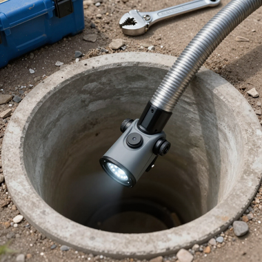 Handheld light shining into an open concrete manhole beside a wrench on dirt