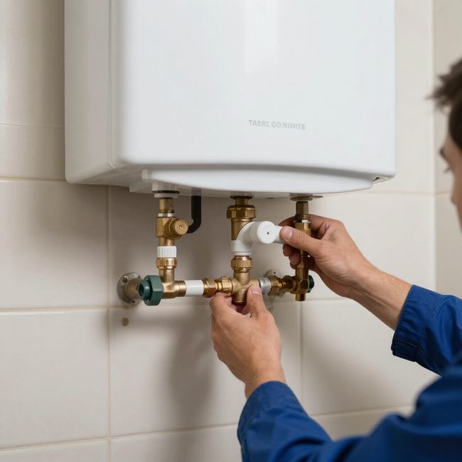 Technician adjusting water heater plumbing valves with a wrench in a tiled utility room