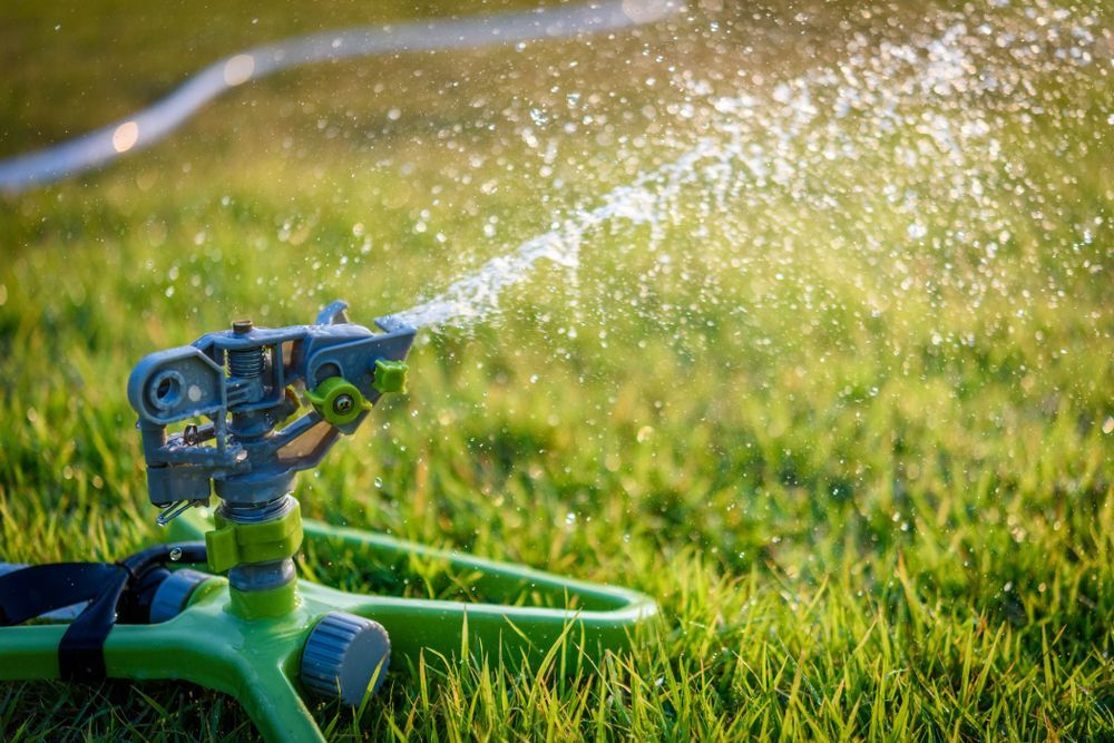 A Green Sprinkler is Spraying Water on a Lush Green Lawn — Superior Turf in Oak Flats, NSW