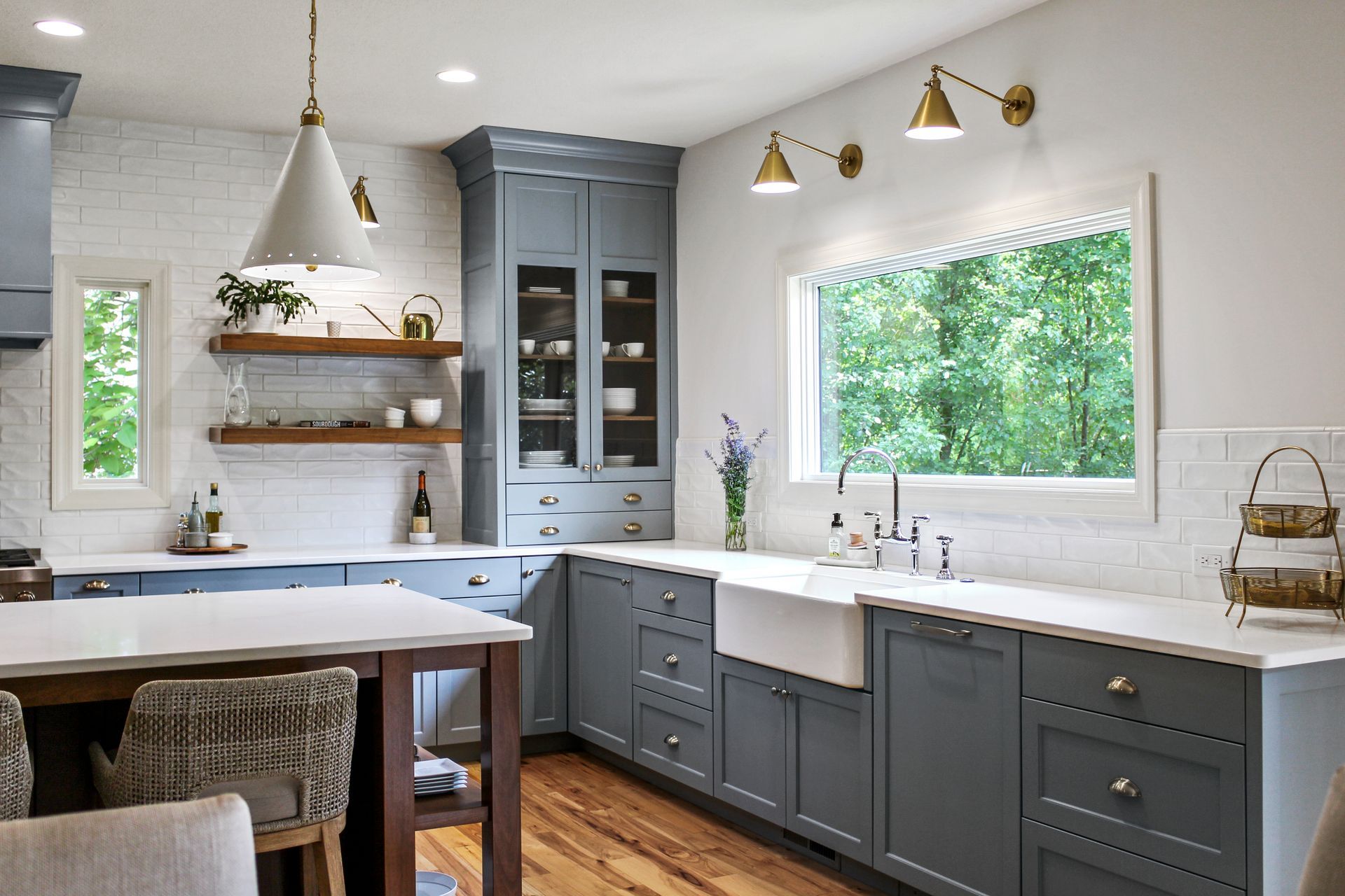 Large custom kitchen cabinets with floating shelves and apron skin Columbia, MO
